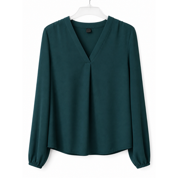 Women's Long Sleeve V-Neck Blouse - Emerald Green