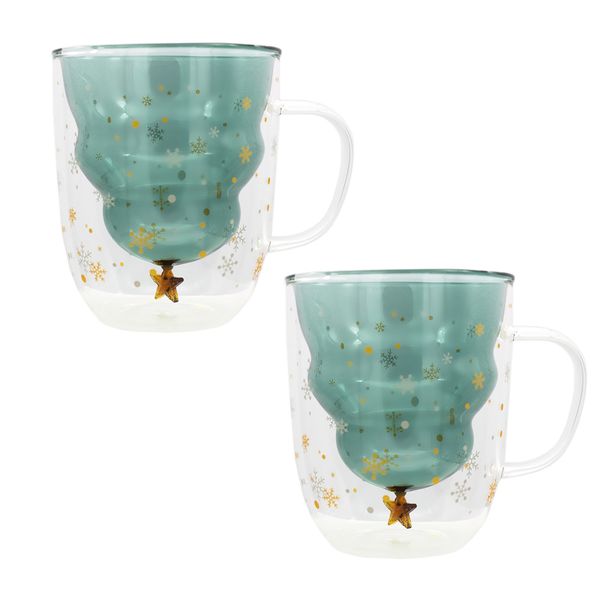 Christmas Tree Shaped Double Walled Glass Mug - Set of 2