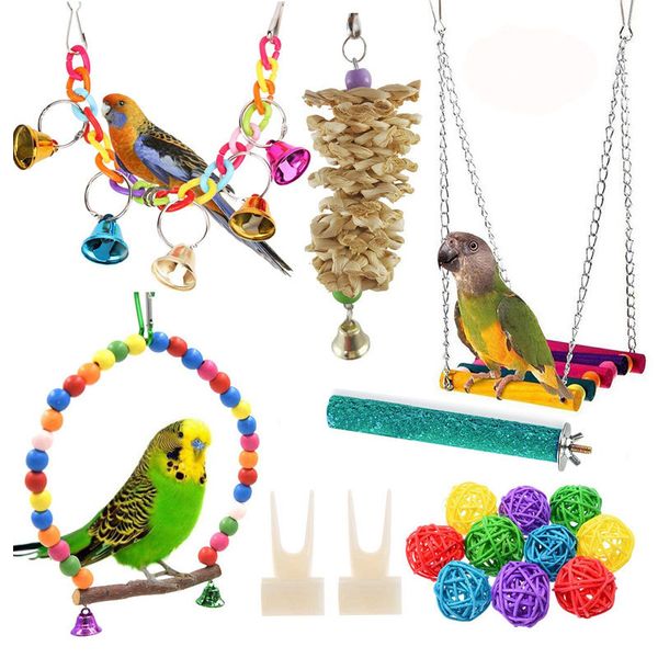 Parrot Toys Cage Accessories Birds Swing Station Rattan Balls 17 Piece Set