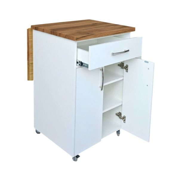 Small Kitchen Island on Wheels with Fold-Out Table &amp; Shelves