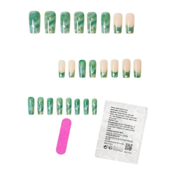24 Piece Press On Nails Set With Green Marble Gradient - Pink