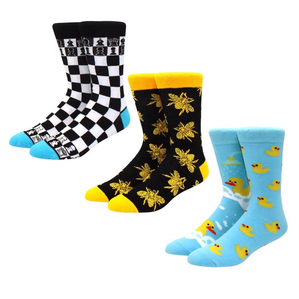Funky Mismatched Novelty Socks Bees Chess Ducks 3 Pairs