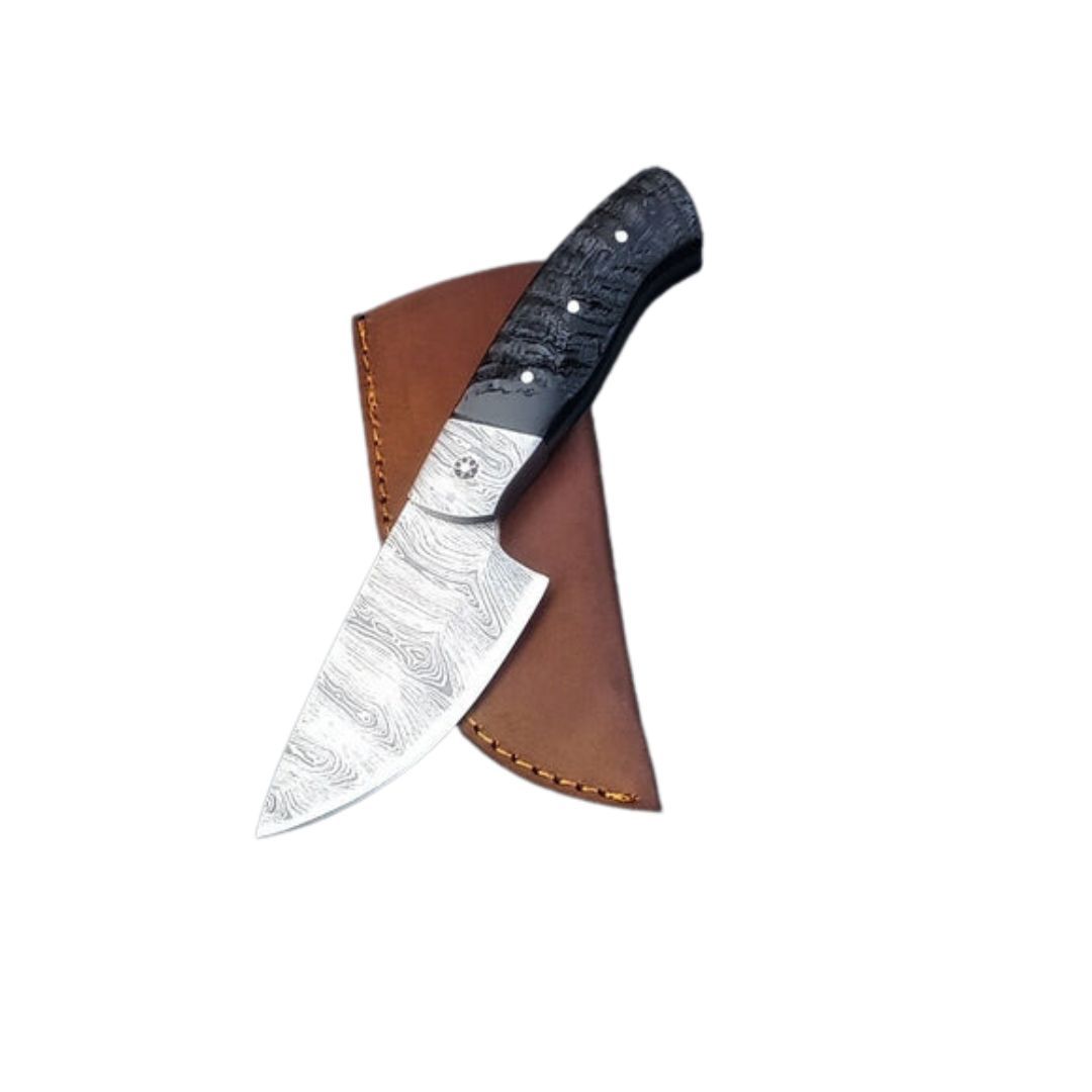 SA Knives Handmade Damascus Steel Knife Sheep's Horn Handle Leather