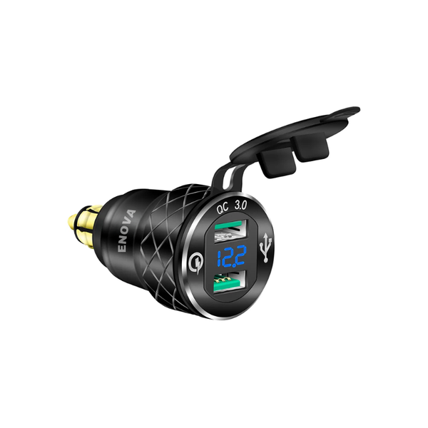 Enova Motorcycle Dual USB Charger With QC3.0 &amp; LED Voltmeter - 12V/24V DIN