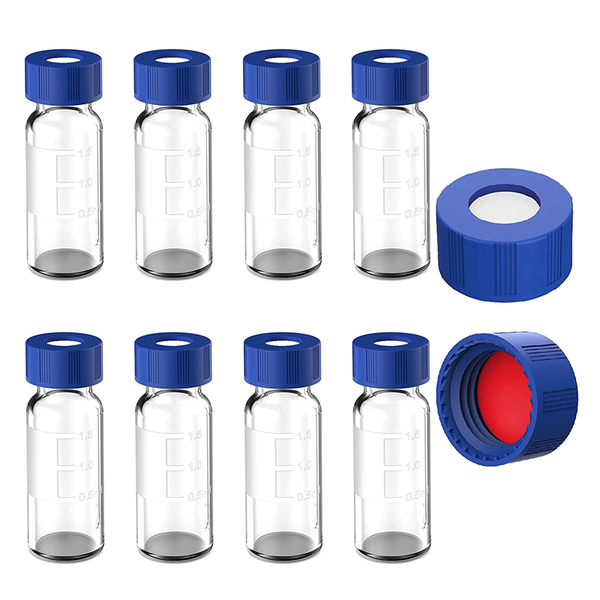 Vials 9-425 Clear Vials With Blue Screw Caps Red White Septa