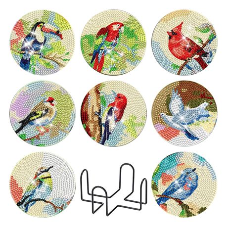 Diamond Painting DIY Kit Coasters - Set Of 8 With Holder Birds On The Tree Image