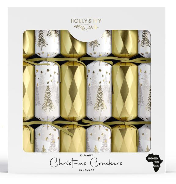 Holly &amp; Ivy Christmas Crackers - Family Gold Stars &amp; Glitter Trees