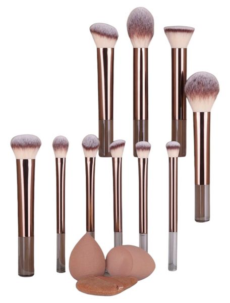 13-Piece Makeup Brush Set With Beauty Blenders &amp; Powder Puff - Coffee Brown