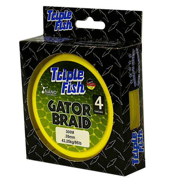 Triple Fish GATOR BRAID X4 Braided Fishing Line 43.25KG/95LB .35MM, Colour Yellow, 300M Spool