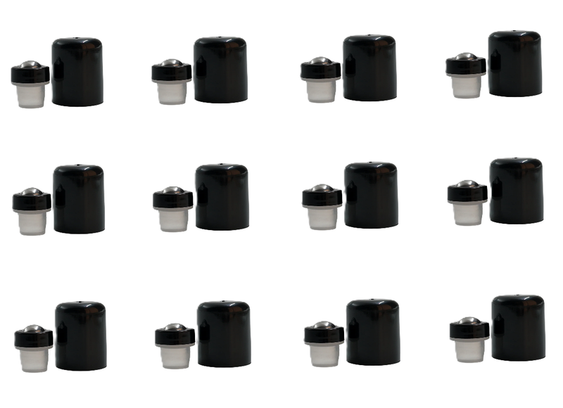 12 x Amber Bottle Roller Balls and Black Caps