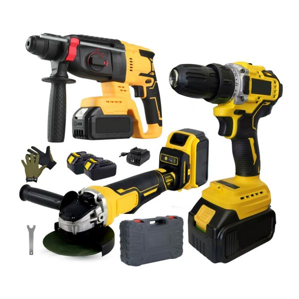 3 Piece SDS Hammer Drill With Grinder, Hand Drill, Gloves, Batteries &amp; Case
