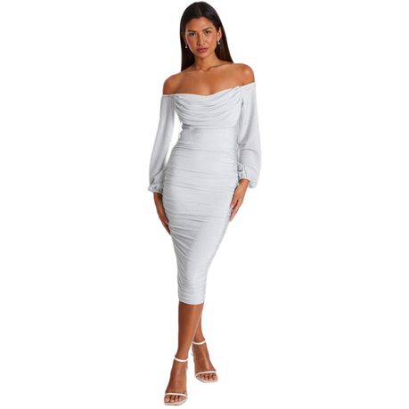 Quiz Women Sliver Shimmer Bardot Midi Dress