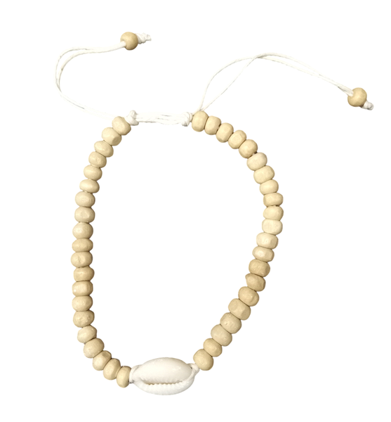 Waterproof Adjustable Cowrie Shell Bracelet Anklet - Wooden Beads