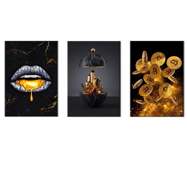 Canvas-Art-3Piece Lips Dripping Gold Black &amp; Gold Marble,Bitcoin Wall Art