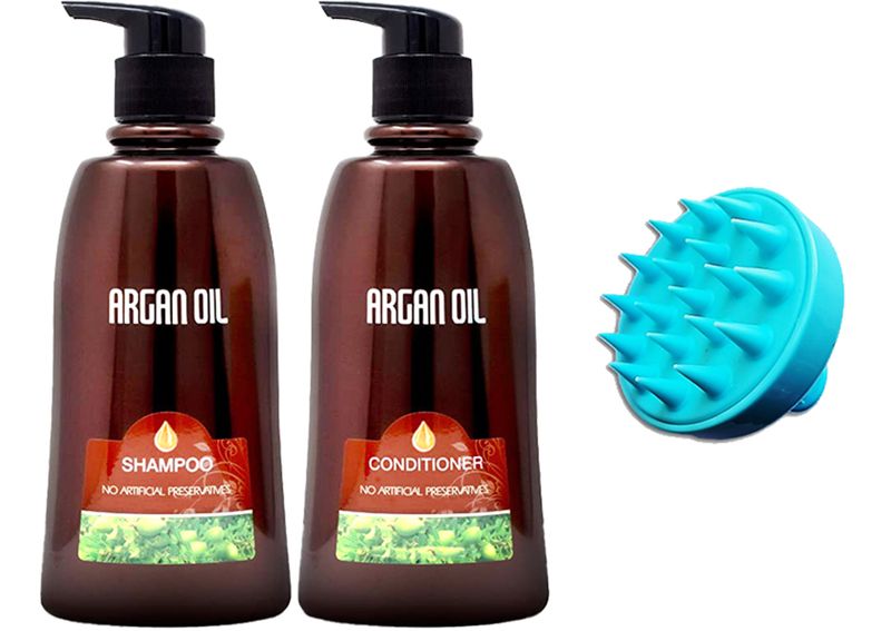 Moroccan Argan Oil-Double Pack 350ml+Silicone Exfoliating Shampoo Brush(02)