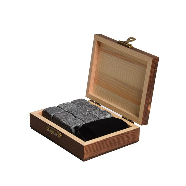 Unique Ice Cube Granite Stones with Wooden Box &amp; Bag - 9 Pieces