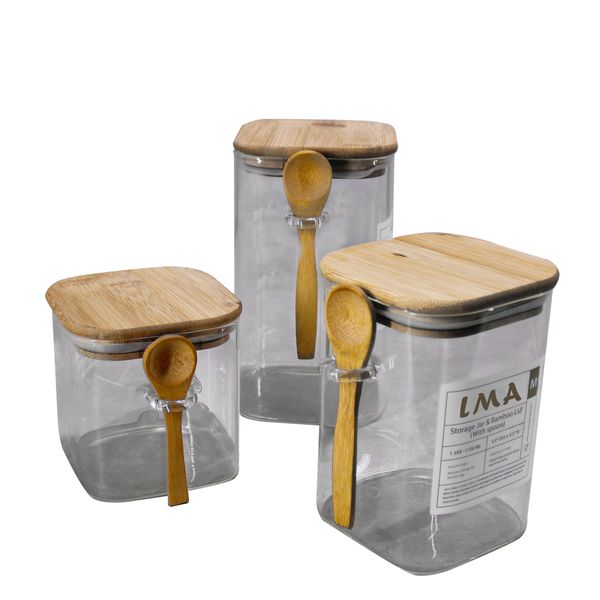 LMA 3 Piece Glass Caniser Set with Bamboo Lids &amp; Serving Spoons