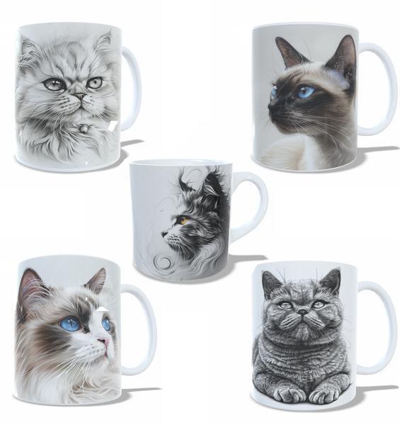 Collection of 5 cats on Ceraimc Mugs