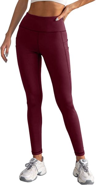 Yoga Running Stretch Leggings with Pockets - Maroon