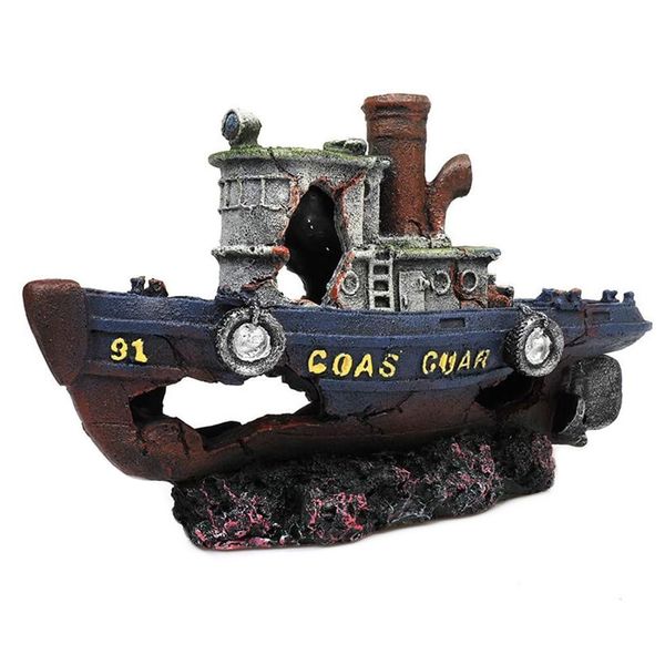 Resin Coast Guard Shipwreck Aquarium Ornament 25cm