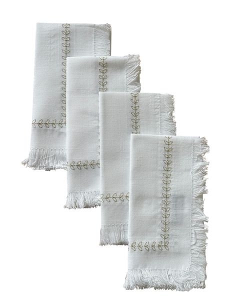 Embroidered White Linen Napkins With Fringe - Set Of 4 Elegant Table Decor