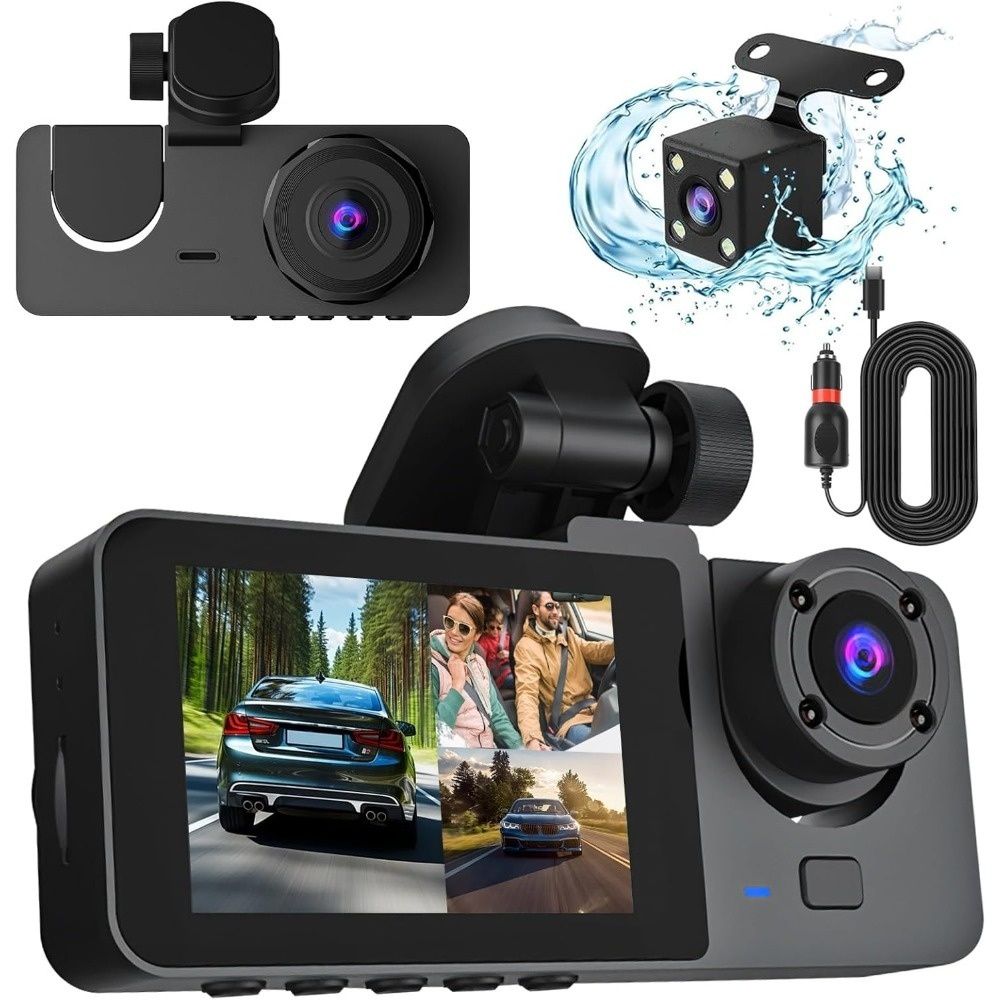3 Channel Dash Cam Front and Rear Inside,1080P HD Car Camera Video Recorder