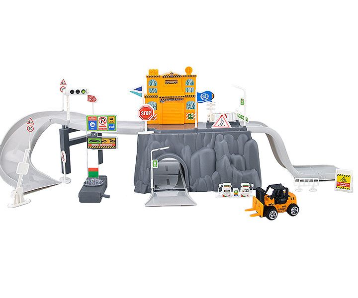 Olive Tree - Engineering Scene Rail Car Pretend Playset - Ramp Rails, Tunnel, Construction Vehicles, Traffic Signs &amp; Accessories