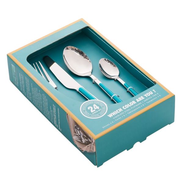 24 Piece Turquoise and Silver Stainless Steel Cutlery Set - 25cm