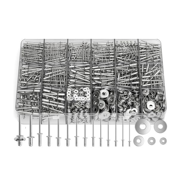 1000 Pieces Aluminum Pop Rivets Assortment Kit with 5 Size Backup Washers