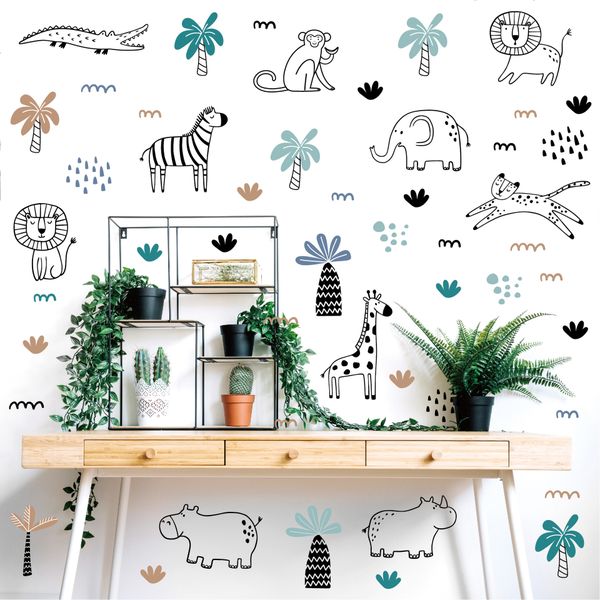 STICKCOOL PVC Animals Wallpaper Safari Animals Wall Decals Jungle Stickers