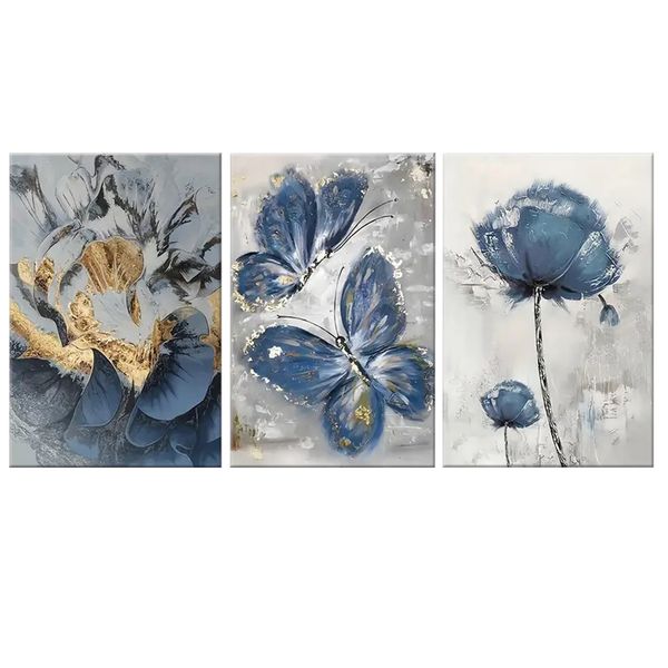Canvas-Art-3 Pieces Blue Flower Beautiful Abstract Wall Art