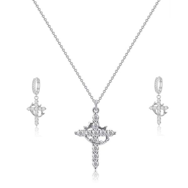 Crown Cross Necklace Earrings Set Women, Diamond Fine Cubic Zirconia