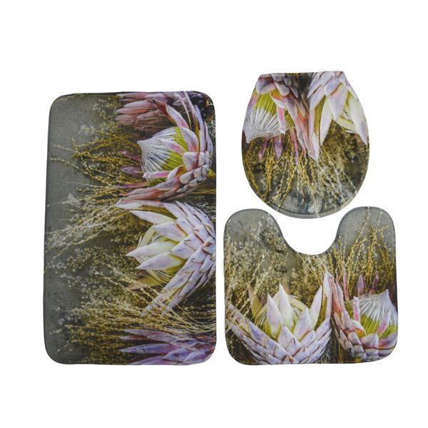 Cape Art Memory Foam 3 Piece Bath Mat Set Floral Deep Pink King Protea