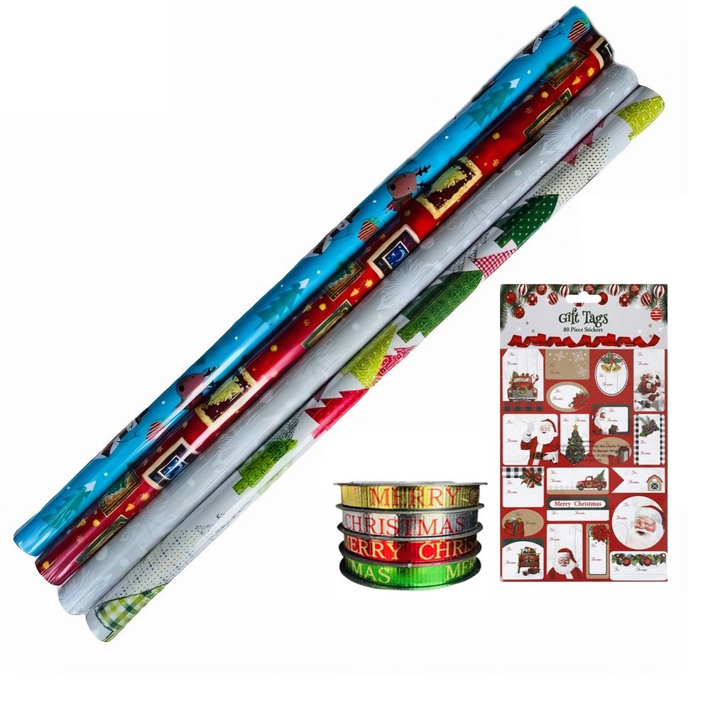 Christmas Gift Wrapping Paper, Gift Tag Stickers & Ribbon Set