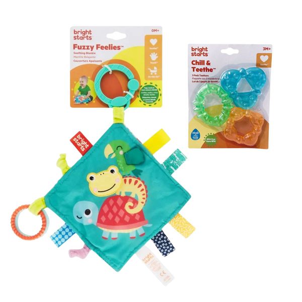Bright Starts Soothing Comfort Bundle - Chill Teether and Fuzzy Blankie-Blue