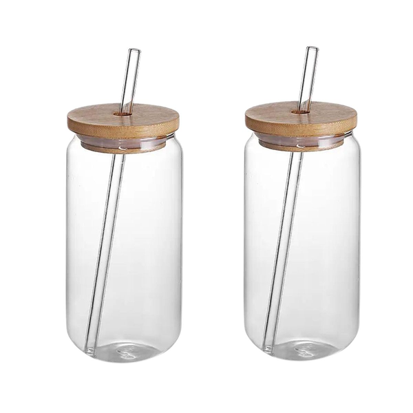 Drinking Glasses with Bamboo Lids and Glass Straw - 2Piece