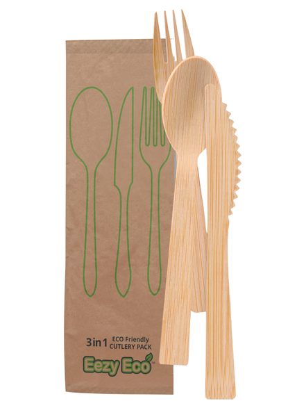 3-in-1 Eco-Friendly Wooden Cutlery Set (Pack of 100's) Paper Outerwrap