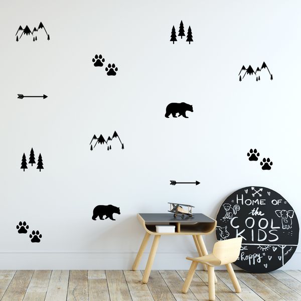 Mountain adventure bear nursery wall decals - set of 25