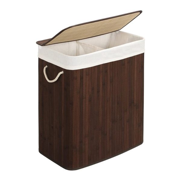 Songmics Dual Compartment Laundry Basket with Lid, Brown
