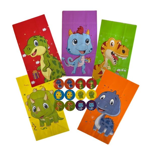 Dinosaur Paper Loot Party Packs &amp; Stickers - Pack of 12 (24cm x 13cm)