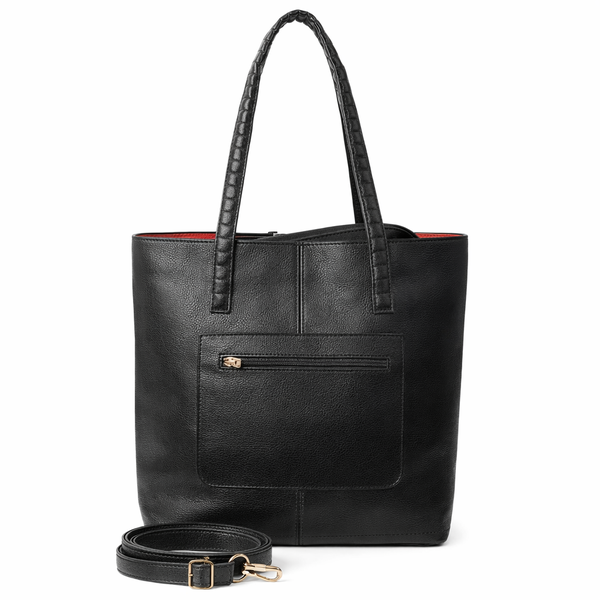 Women's PU Leather Tote Handbag with Detachable Shoulder Strap - Black