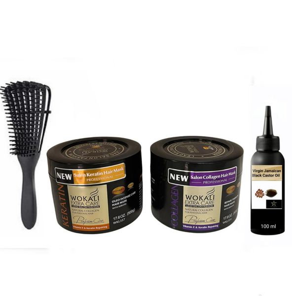 Hair Treatment Kit- Collagen &amp; Keratin Mask, Detangling Brush &amp; Oil