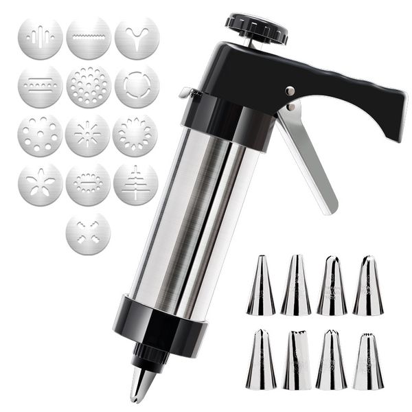 Stainless Steel Cookie Press Gun with 13 Discs and 8 Icing Tips for Baking