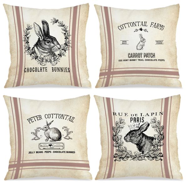 4Piece Bunny Stripes Cushion Cover, 45x45cm Cushion Case for Easter Decor