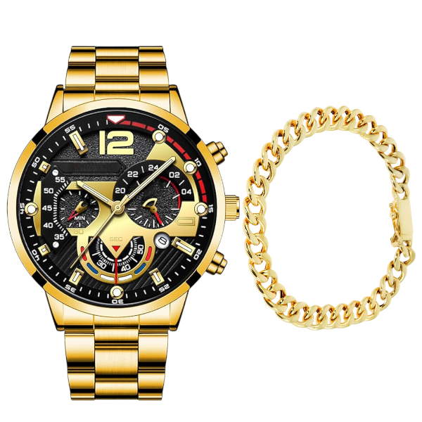 2-Piece Luxury Watch and Bracelet Set - Gold Toned