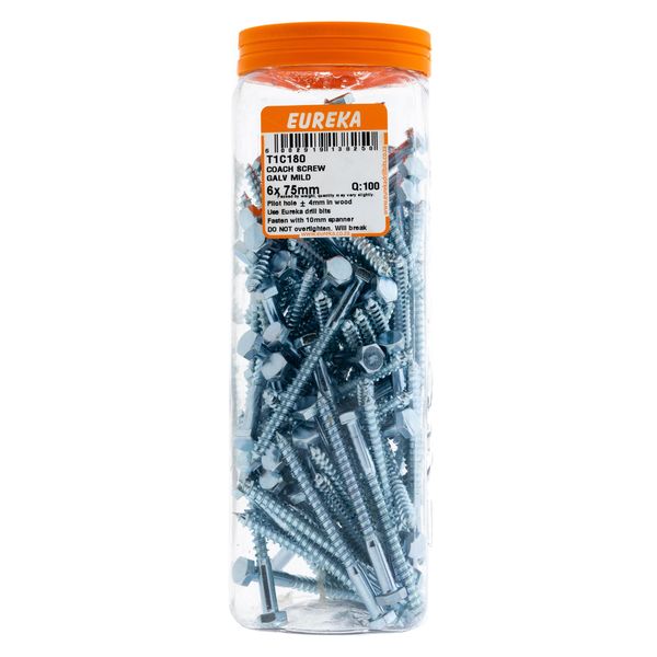 EUREKA Coach Screws Galvanised Mild Steel 6 x 75mm Q:100 T1C180