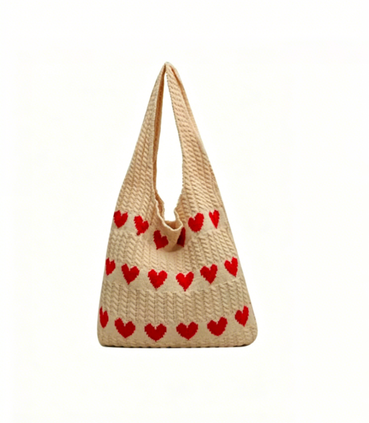 Heart Pattern Knit Tote Bag for Daily Use, Large Capacity Shoulder Handbag