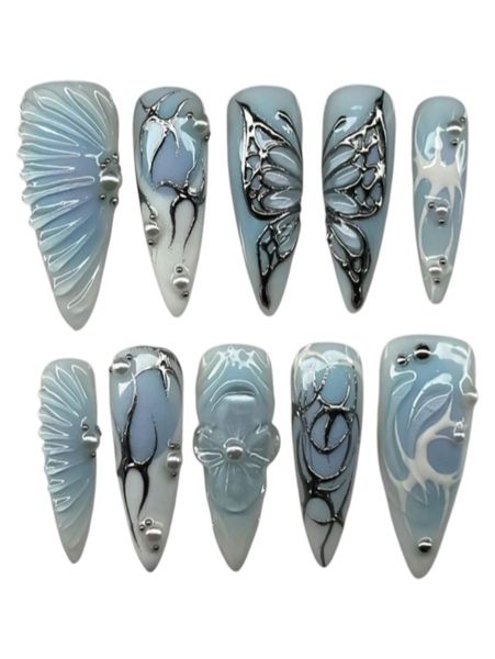 10 Piece - Dreamy Floral Design Nails With 3D Art - Blue &amp; Grey