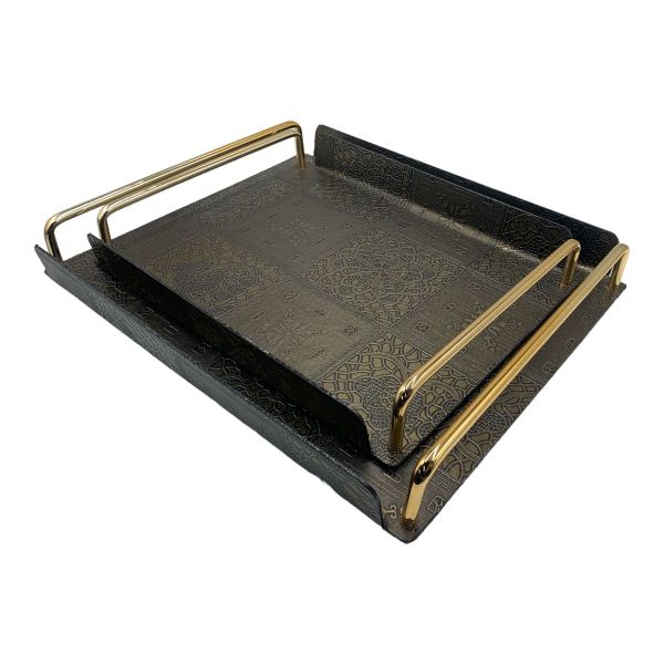 2 Piece Black &amp; Gold Metal Serving Tray