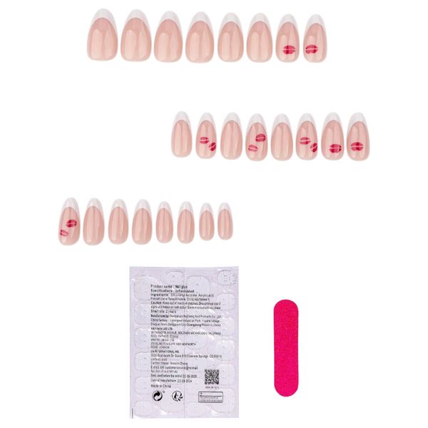 24 Piece Short Almond French Tip Kiss Detail Press-On Nail Set - Nude/White